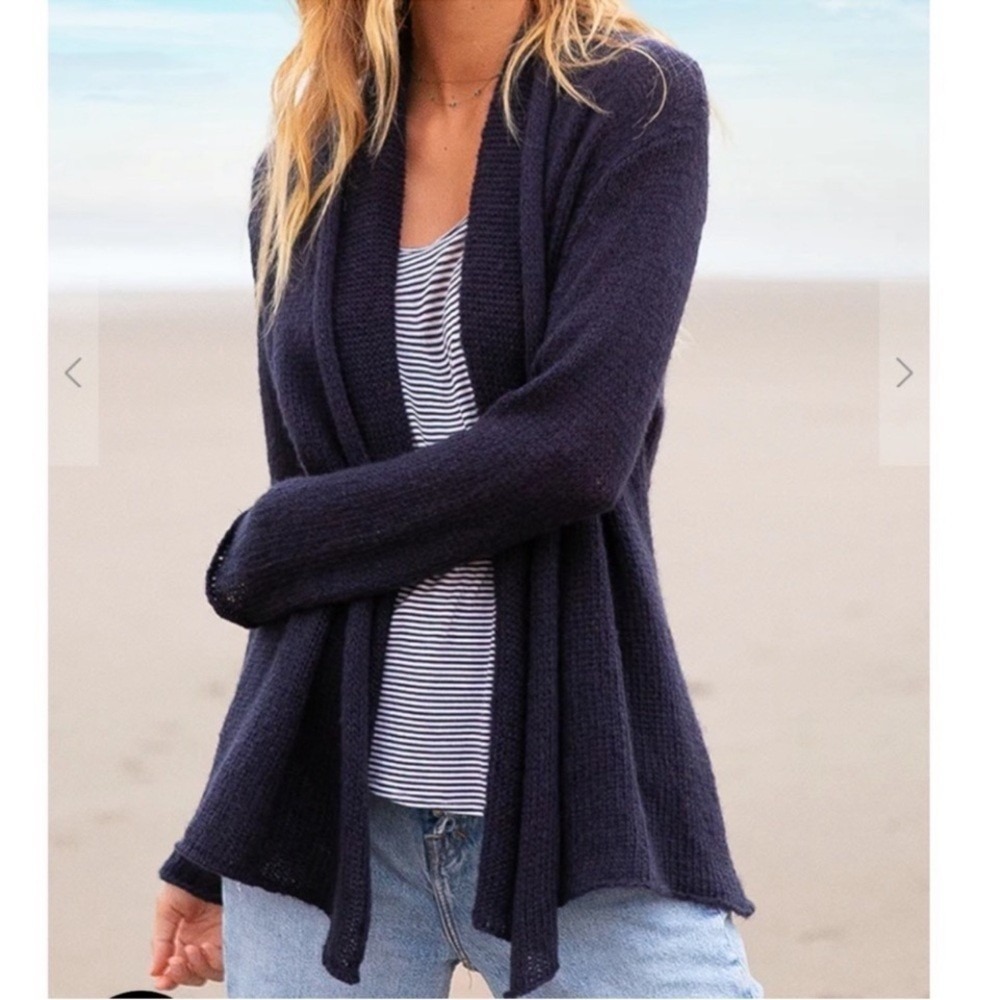 Wooden Ships Navy open front Loose knit cardigan S/M Pockets Mohair Beach
